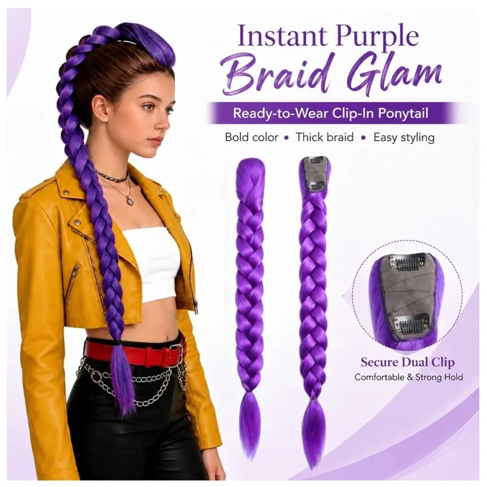 26” Purple Long Braided Clip-In Ponytail Extension